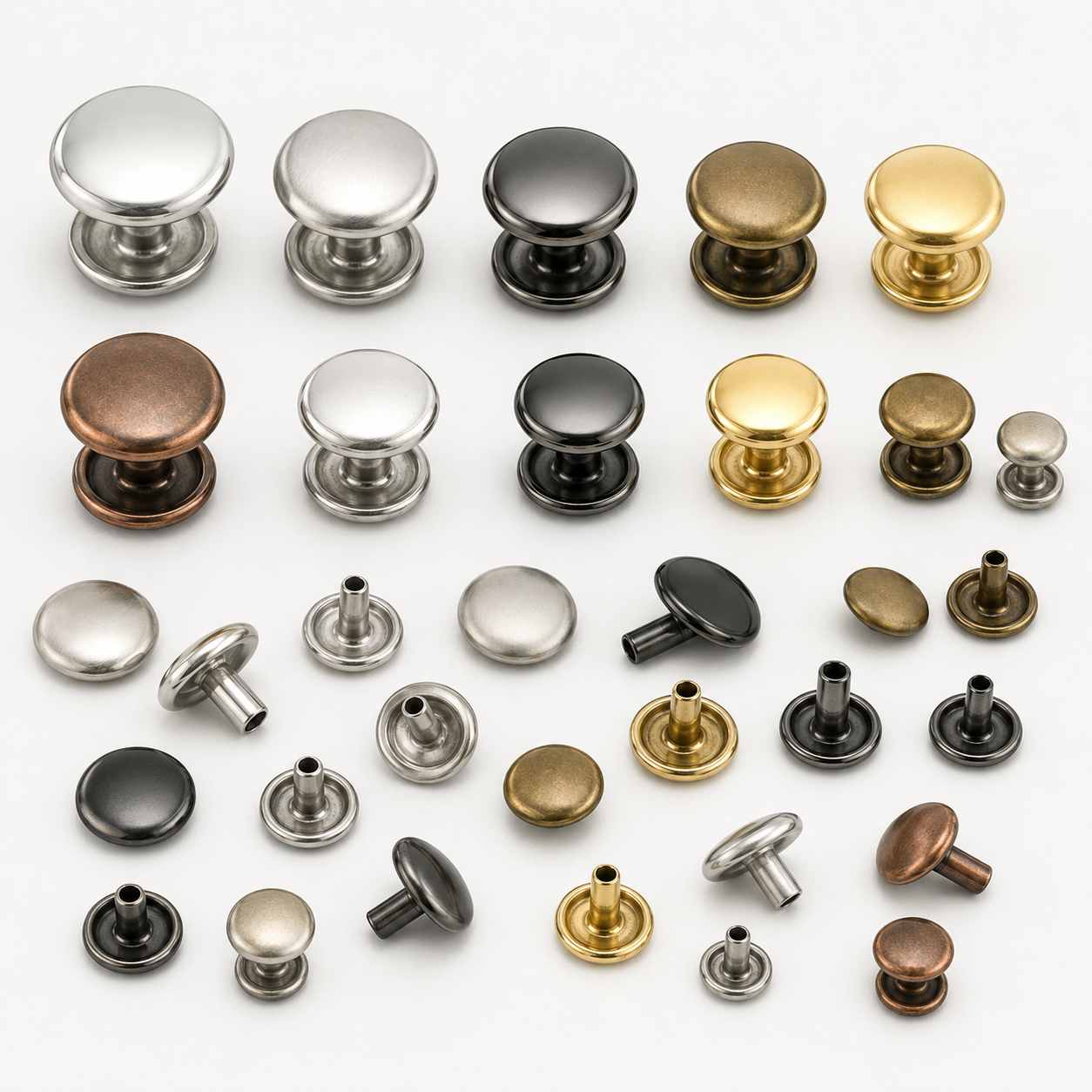double cap rivets, Double cap rivets in multiple sizes and metallic finishes are displayed as assembled fasteners and separate cap-and-post components.
